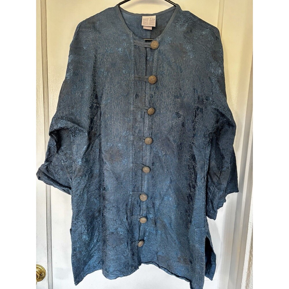 Vtg 90s Blue Brocade Asian Style Cheongsam Long Blazer Jacket Button Front Silk